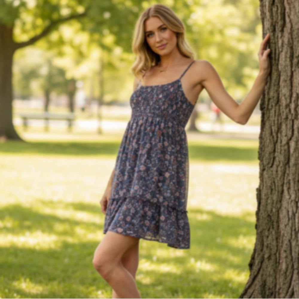 Trixxi Blue Ruffled Smocked Floral Fit and Flare Dress